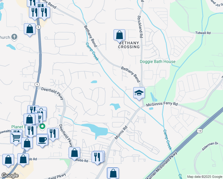 map of restaurants, bars, coffee shops, grocery stores, and more near 3465 Flamingo Lane in Alpharetta