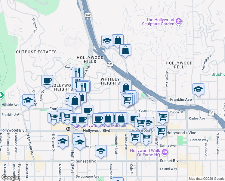 map of restaurants, bars, coffee shops, grocery stores, and more near 1936 Whitley Avenue in Los Angeles