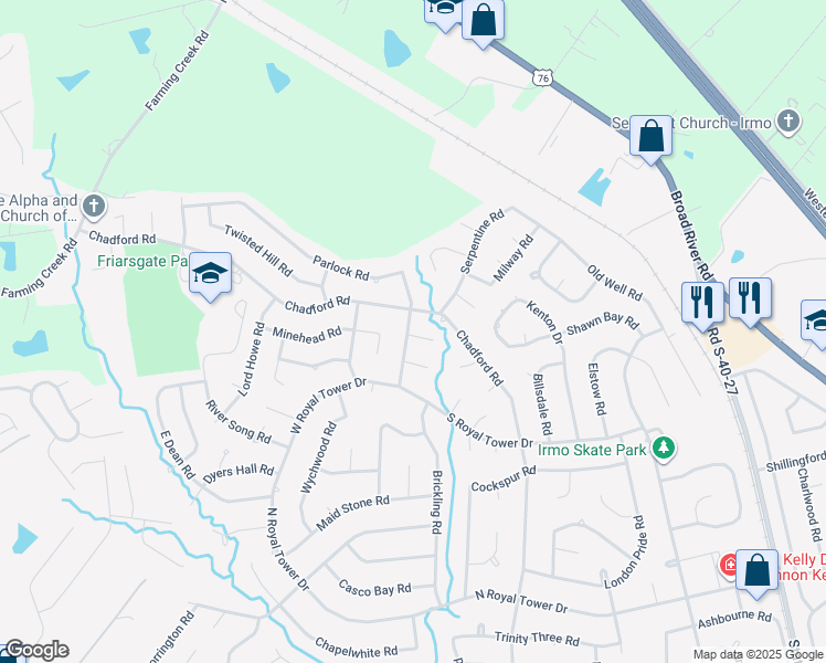 map of restaurants, bars, coffee shops, grocery stores, and more near 100 Parlock Court in Irmo