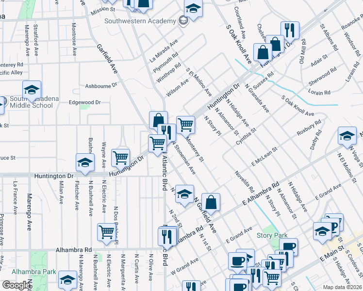 map of restaurants, bars, coffee shops, grocery stores, and more near 1132 North Stoneman Avenue in Alhambra