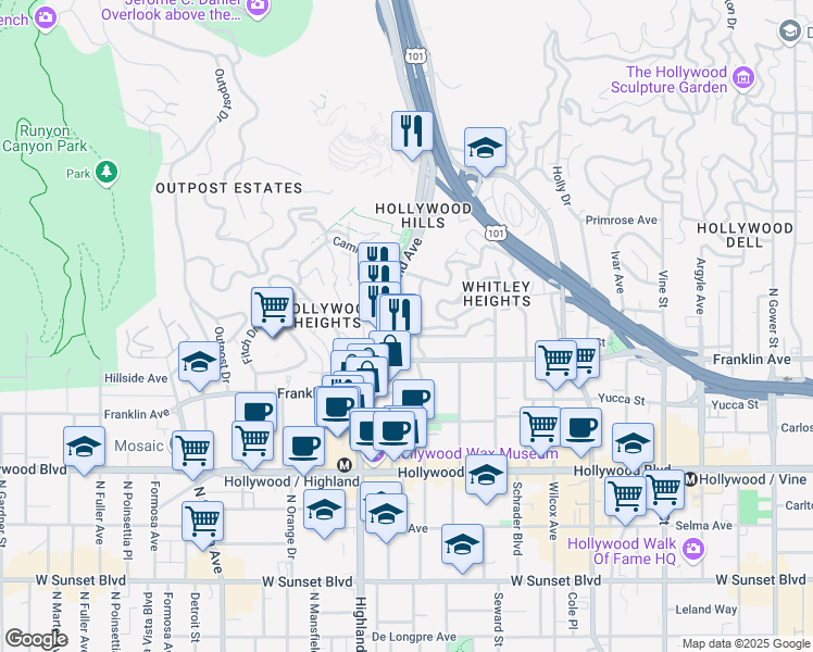 map of restaurants, bars, coffee shops, grocery stores, and more near 1940 Highland Avenue in Los Angeles