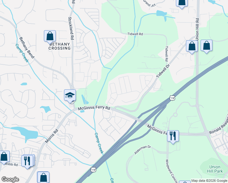 map of restaurants, bars, coffee shops, grocery stores, and more near 1365 Thornborough Drive in Alpharetta