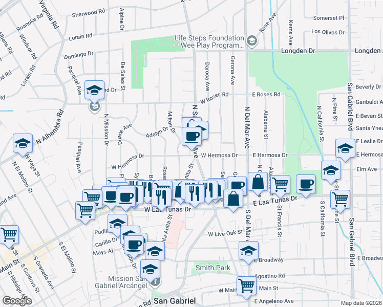 map of restaurants, bars, coffee shops, grocery stores, and more near 321 North San Marino Avenue in San Gabriel