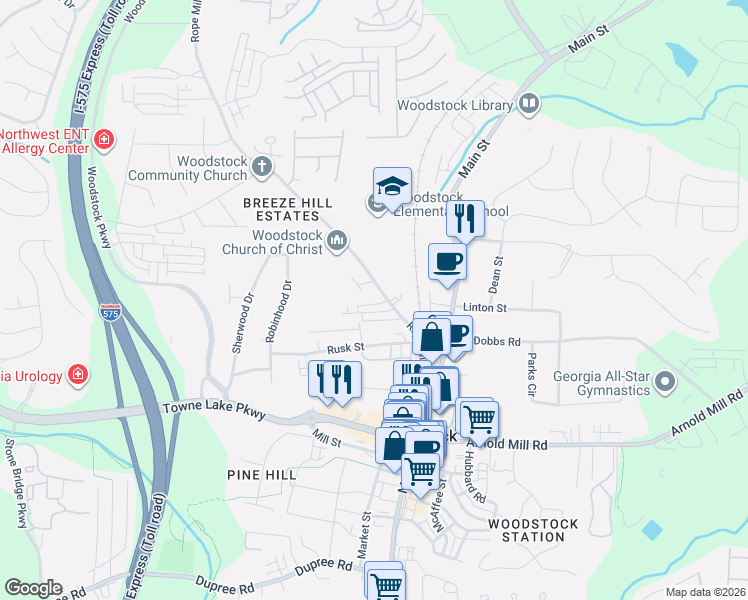 map of restaurants, bars, coffee shops, grocery stores, and more near 216 Rope Mill Road in Woodstock