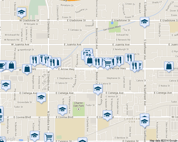 map of restaurants, bars, coffee shops, grocery stores, and more near 401 East Arrow Highway in Glendora