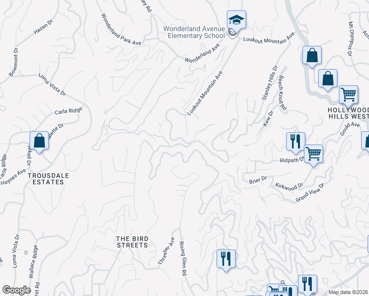 map of restaurants, bars, coffee shops, grocery stores, and more near 8912 Appian Way in Los Angeles