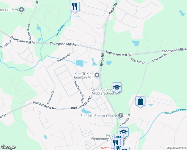 map of restaurants, bars, coffee shops, grocery stores, and more near 3779 Saddlemaker Drive in Buford