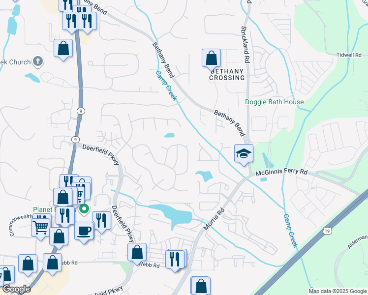 map of restaurants, bars, coffee shops, grocery stores, and more near 13446 Aventide Lane in Alpharetta