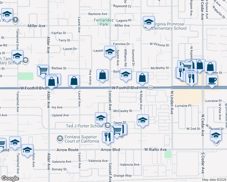 map of restaurants, bars, coffee shops, grocery stores, and more near 2 Foothill Boulevard in Upland