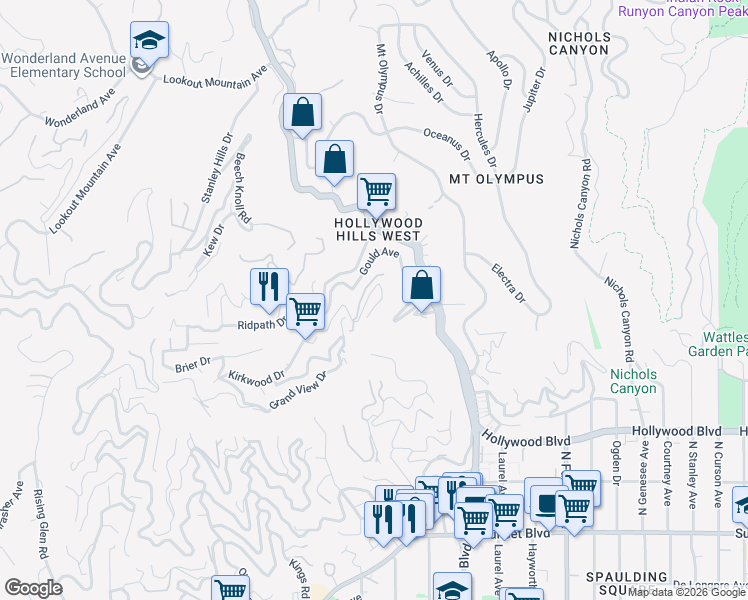 map of restaurants, bars, coffee shops, grocery stores, and more near 8220 Mannix Drive in Los Angeles