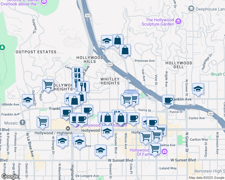 map of restaurants, bars, coffee shops, grocery stores, and more near 1936 Whitley Avenue in Los Angeles