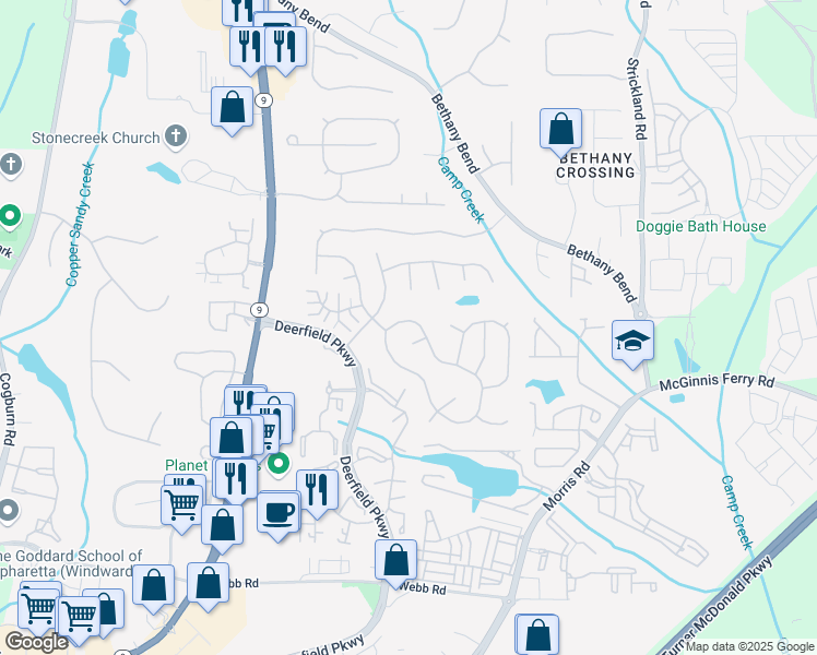map of restaurants, bars, coffee shops, grocery stores, and more near 3191 Avensong Village Circle in Alpharetta