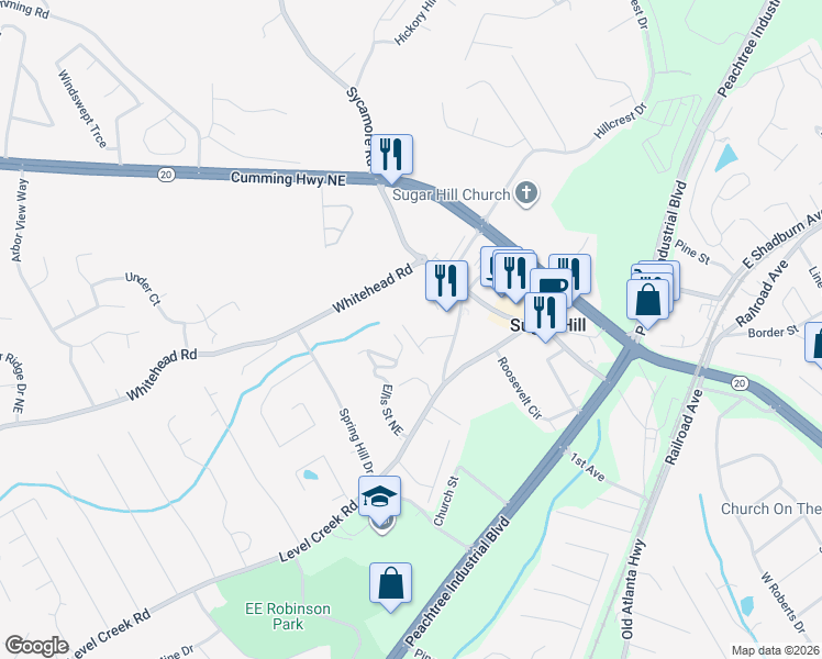 map of restaurants, bars, coffee shops, grocery stores, and more near 5059 Top Cat Court in Sugar Hill
