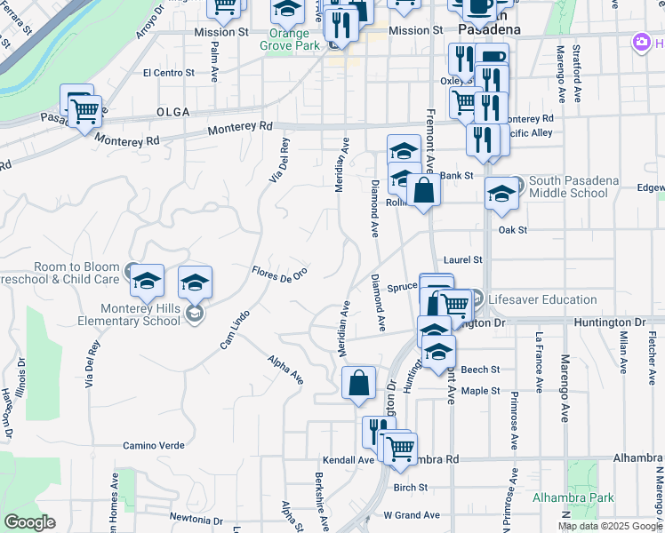 map of restaurants, bars, coffee shops, grocery stores, and more near 868 Braewood Court in South Pasadena