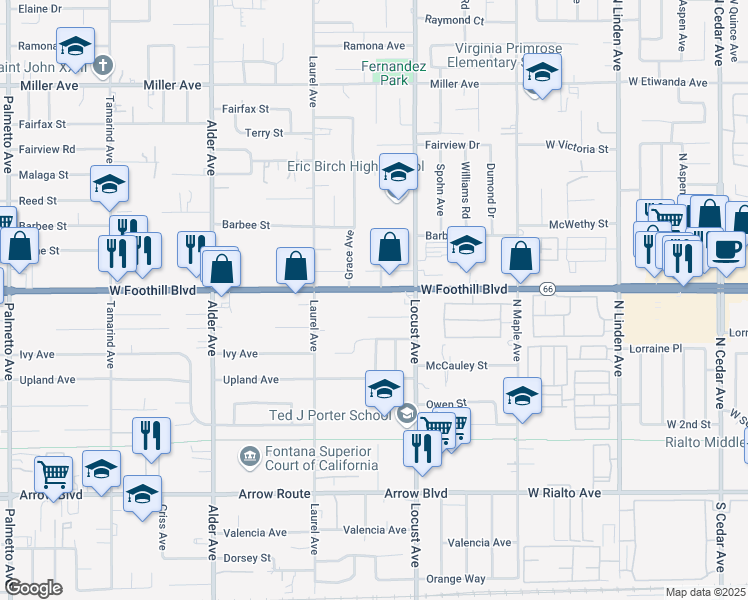 map of restaurants, bars, coffee shops, grocery stores, and more near 18045 Foothill Boulevard in Fontana