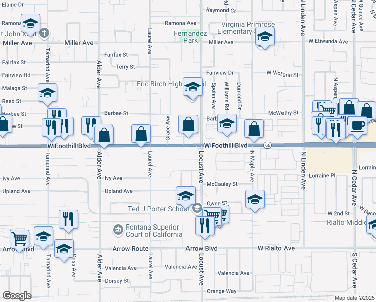 map of restaurants, bars, coffee shops, grocery stores, and more near 18045 Foothill Boulevard in Fontana
