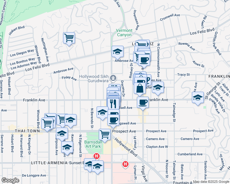 map of restaurants, bars, coffee shops, grocery stores, and more near 1930 North Vermont Avenue in Los Angeles