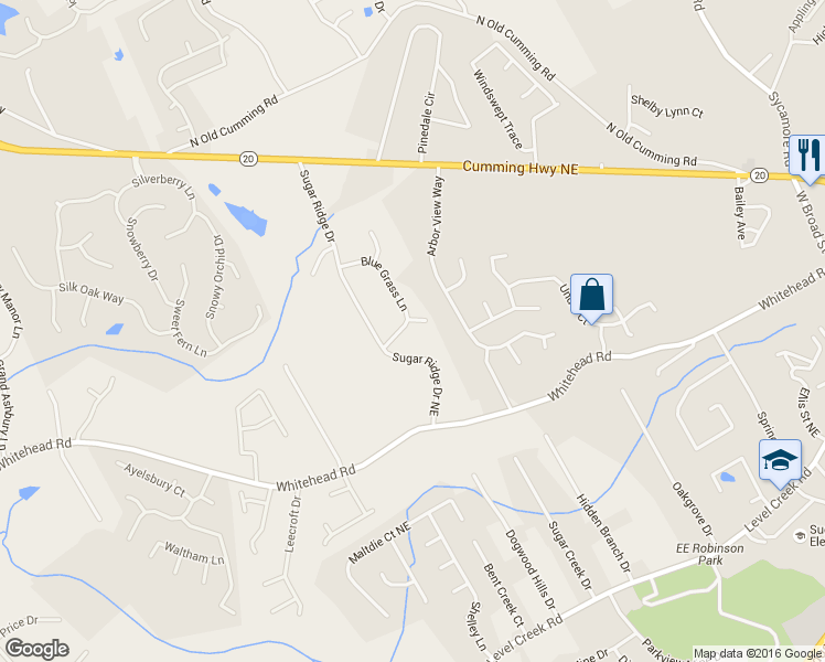 map of restaurants, bars, coffee shops, grocery stores, and more near 5269 Blue Grass Lane in Sugar Hill