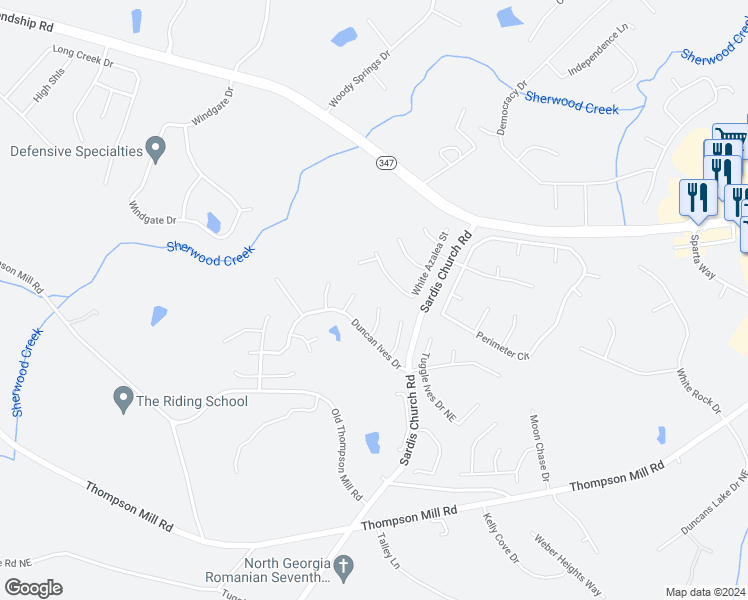 map of restaurants, bars, coffee shops, grocery stores, and more near 3066 Gem Creek Road Northeast in Buford