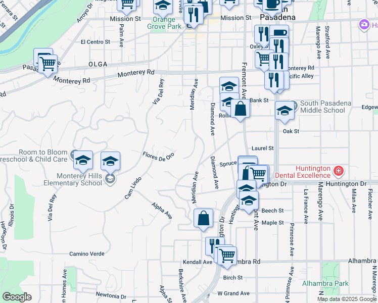map of restaurants, bars, coffee shops, grocery stores, and more near 868 Braewood Court in South Pasadena