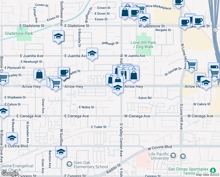 map of restaurants, bars, coffee shops, grocery stores, and more near 1157 East Arrow Highway in Glendora