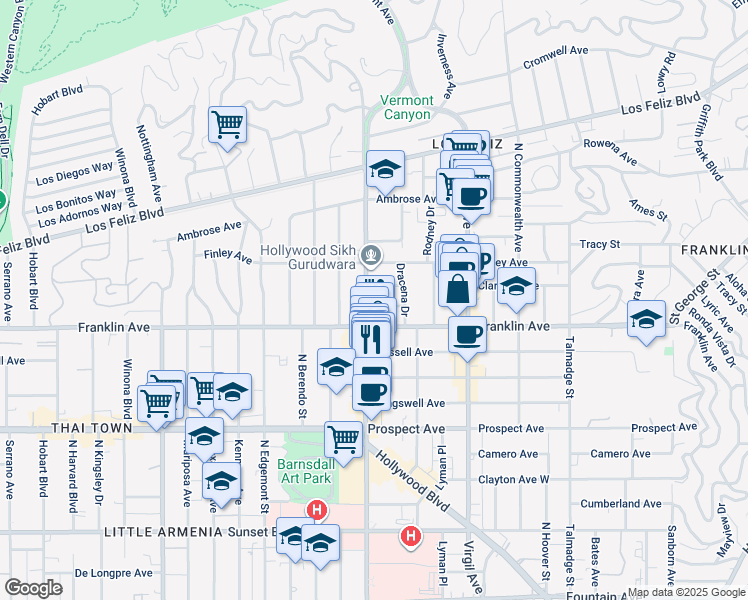 map of restaurants, bars, coffee shops, grocery stores, and more near 1930 North Vermont Avenue in Los Angeles