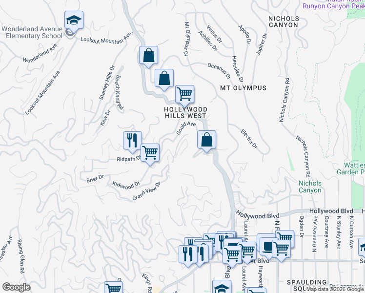 map of restaurants, bars, coffee shops, grocery stores, and more near 8220 Mannix Drive in Los Angeles