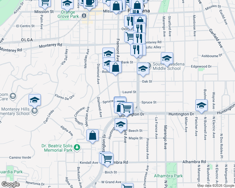 map of restaurants, bars, coffee shops, grocery stores, and more near 1623 Fremont Avenue in South Pasadena