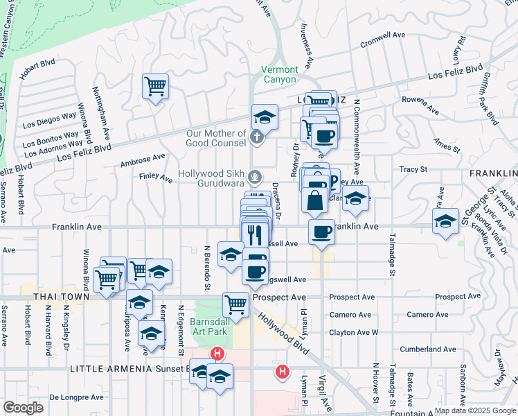 map of restaurants, bars, coffee shops, grocery stores, and more near 1930 North Vermont Avenue in Los Angeles
