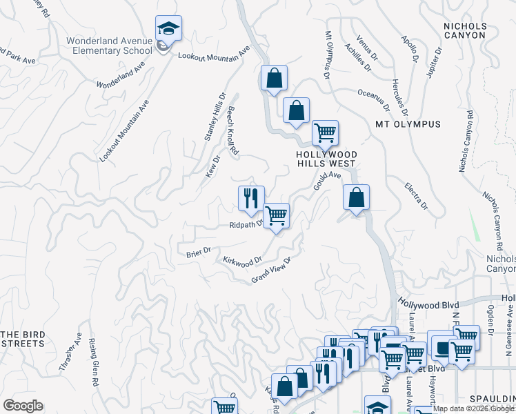map of restaurants, bars, coffee shops, grocery stores, and more near 1905 Weepah Way in Los Angeles