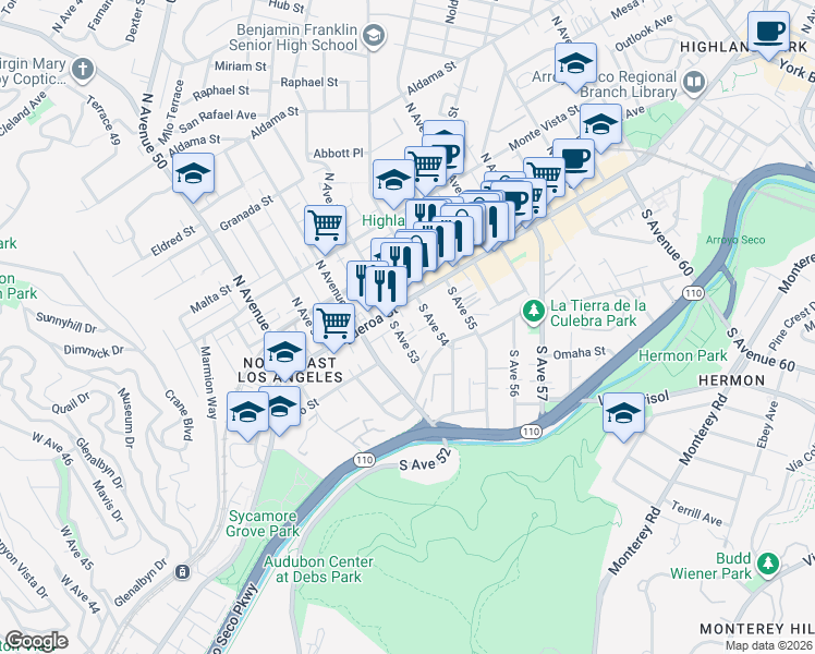 map of restaurants, bars, coffee shops, grocery stores, and more near 125 South Avenue 53 in Los Angeles