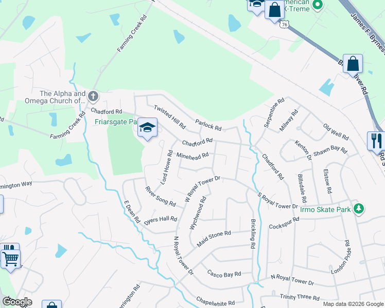 map of restaurants, bars, coffee shops, grocery stores, and more near 1306 Chadford Road in Irmo
