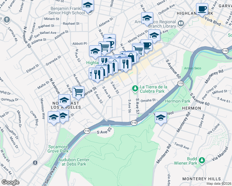 map of restaurants, bars, coffee shops, grocery stores, and more near 134 South Avenue 55 in Los Angeles