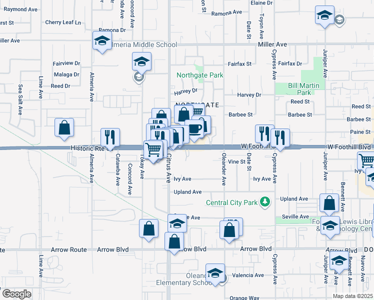 map of restaurants, bars, coffee shops, grocery stores, and more near 16171 Foothill Boulevard in Fontana