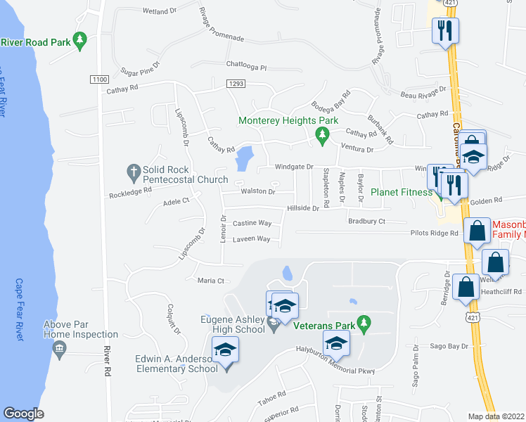 map of restaurants, bars, coffee shops, grocery stores, and more near 642 Hillside Drive in Wilmington