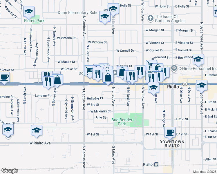 map of restaurants, bars, coffee shops, grocery stores, and more near 518 West Foothill Boulevard in Rialto