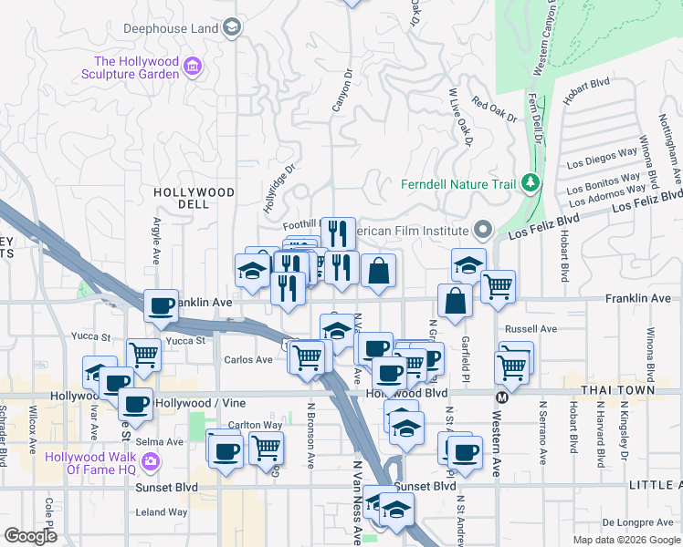 map of restaurants, bars, coffee shops, grocery stores, and more near 1952 Canyon Drive in Los Angeles