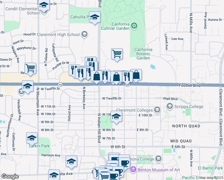 map of restaurants, bars, coffee shops, grocery stores, and more near 1255 Yale Avenue in Claremont