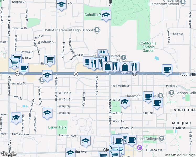 map of restaurants, bars, coffee shops, grocery stores, and more near 471 West Baughman Avenue in Claremont