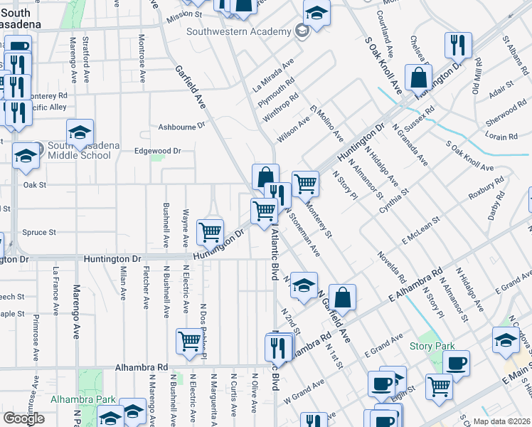 map of restaurants, bars, coffee shops, grocery stores, and more near 2 Huntington Drive in South Pasadena