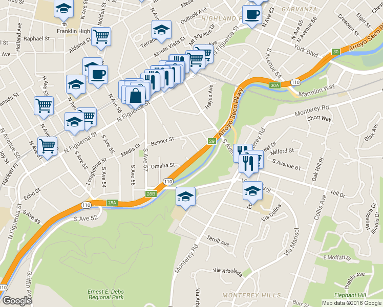 map of restaurants, bars, coffee shops, grocery stores, and more near 5841 Arroyo Drive in Los Angeles