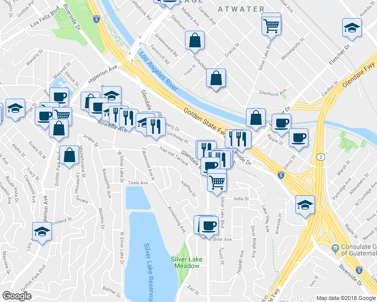 map of restaurants, bars, coffee shops, grocery stores, and more near 2644 Glendale Boulevard in Los Angeles