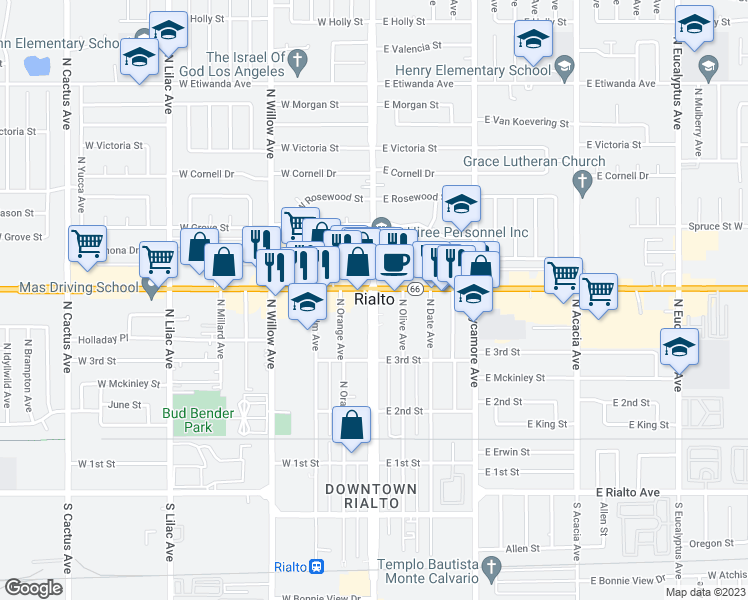 map of restaurants, bars, coffee shops, grocery stores, and more near 399 North Riverside Avenue in Rialto