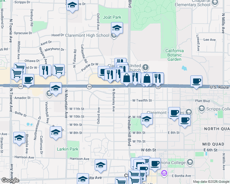 map of restaurants, bars, coffee shops, grocery stores, and more near 471 West Baughman Avenue in Claremont