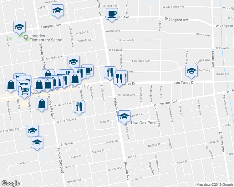map of restaurants, bars, coffee shops, grocery stores, and more near in Arcadia