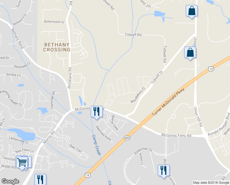 map of restaurants, bars, coffee shops, grocery stores, and more near 1308 Thornborough Drive in Alpharetta