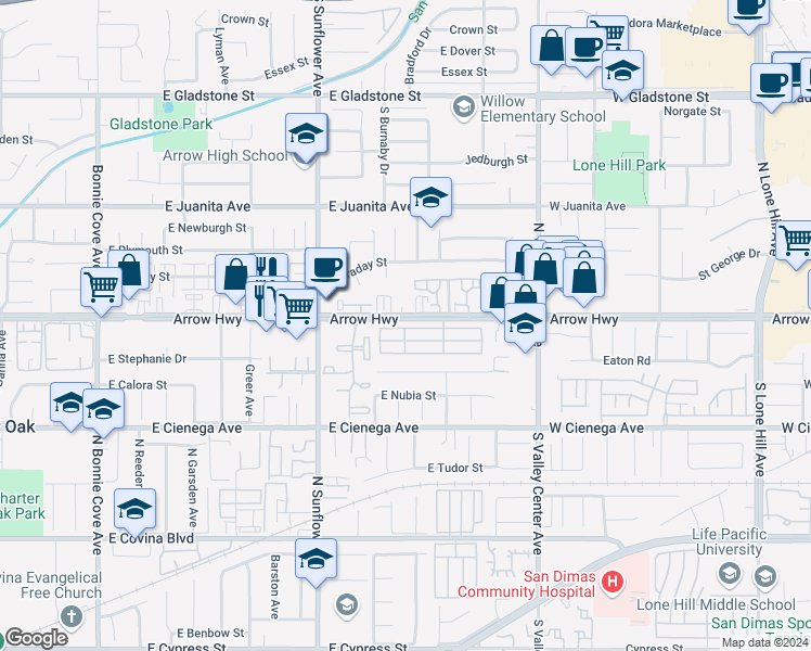 map of restaurants, bars, coffee shops, grocery stores, and more near 21210 West Arrow Highway in Covina