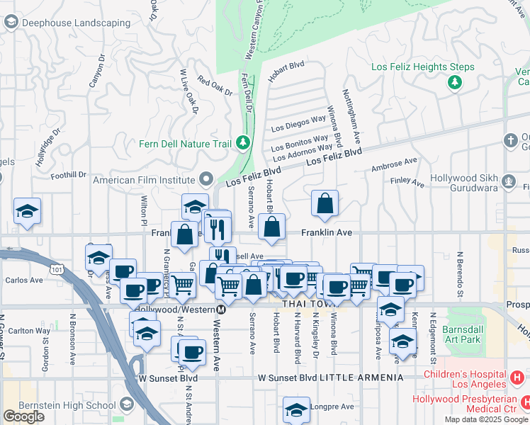 map of restaurants, bars, coffee shops, grocery stores, and more near 1933 North Hobart Boulevard in Los Angeles