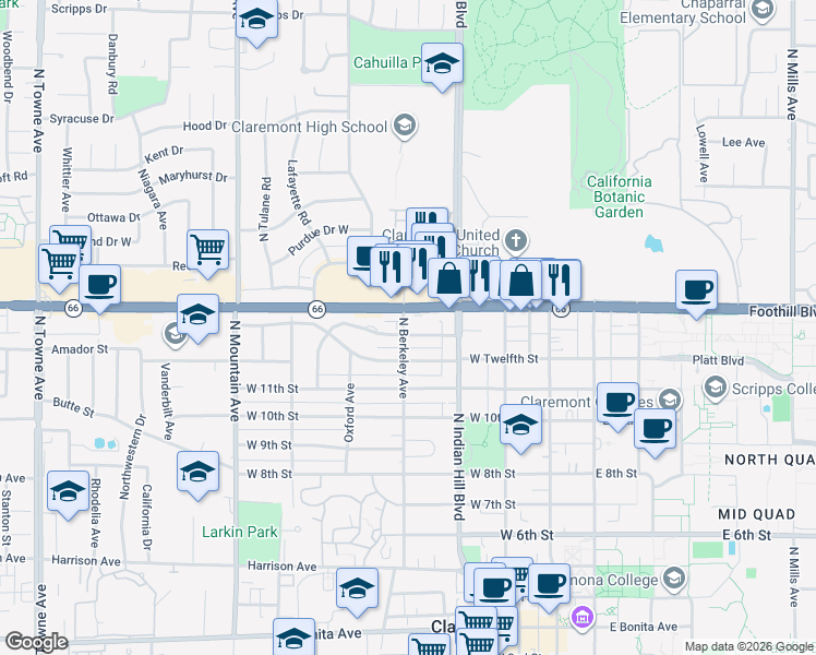 map of restaurants, bars, coffee shops, grocery stores, and more near 471 West Baughman Avenue in Claremont