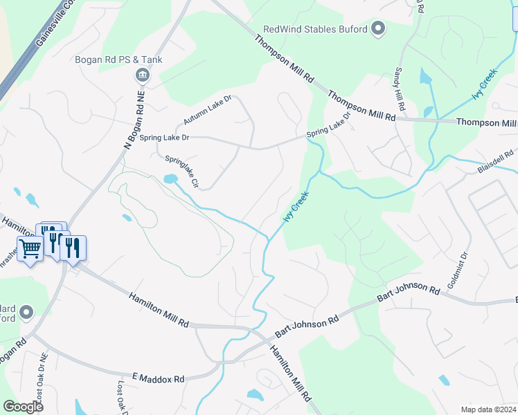 map of restaurants, bars, coffee shops, grocery stores, and more near 3945 Piper Glen Drive Northeast in Buford